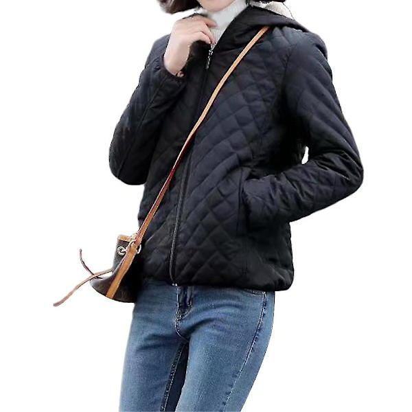 Hettejakke for kvinner, plysjfôr, cellequiltet kort jakke med glidelåslukking 2XL Black