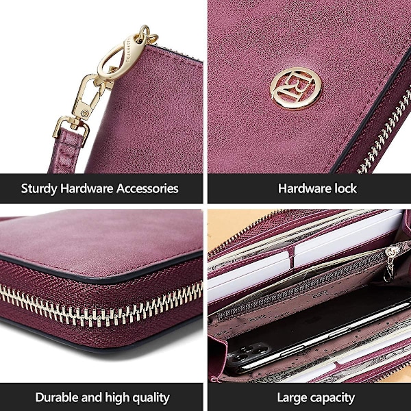 Ko Læder Clutch Punge til Kvinder Bifold Punge Store Punge med Lynlås, Koskind Dame Telefon Etui Tasker med Håndledsrem Kortholder (Lilla)