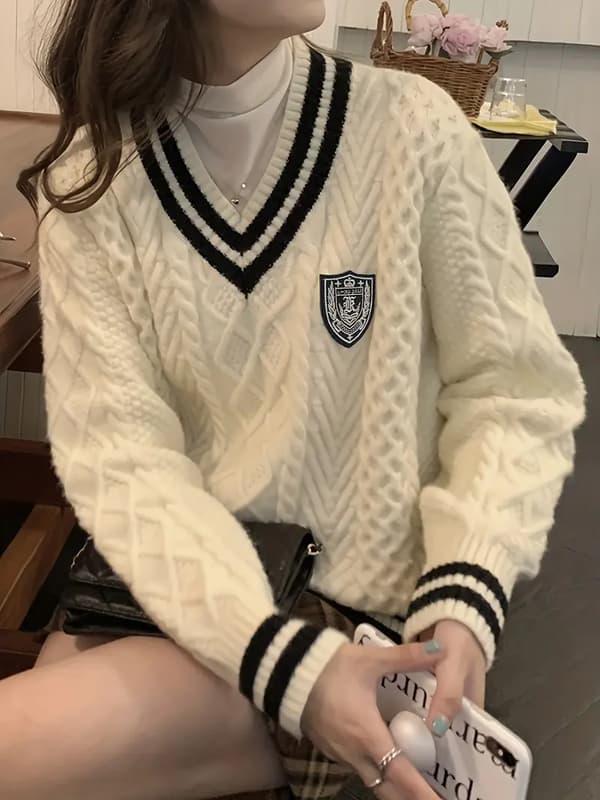 Kontrastfärgad kabelstickad tröja, preppy V-ringad långärmad tröja för höst och vinter, damkläder black