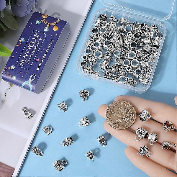 1 Ask 100 st Silver Bail Pärlor Bulk Bail Spacer Pärlor Charms Antik Tibetansk Rör Bailar Europeiska Hängare Länkar Connector Spacers Pärlor för Smycken Maki