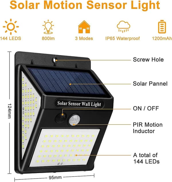 Solcellelamper Utendørs, [4 Pakke 144 LED] Vanntett Bevegelsessensor, 3 Moduser LED Spotlight [Energiklasse A+]