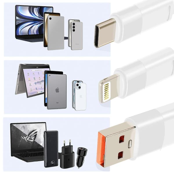 USB-kaapeli USB C / Lightning 60W USB - Lightning + 2 USB-C 1,2 m White