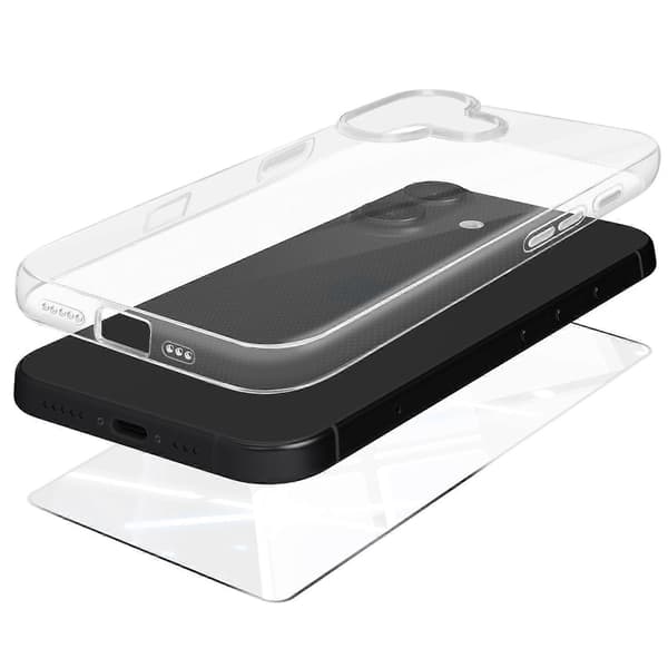 Beskyttelsespakke til iPhone 16 Plus Soft Shell og hærdet glas, Transparent