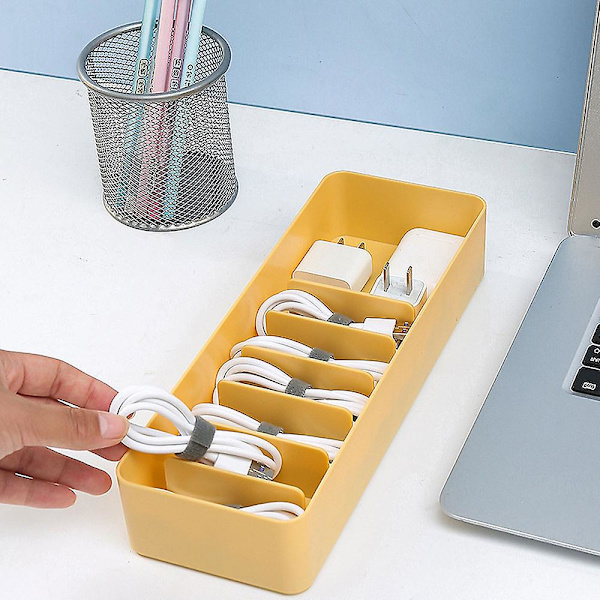 Plastik Kabelorganiseringsboks med Rum, Opbevaringskasse til Skrivebordstilbehør med Låg og Kabelbindere, 27,2*9,6*6cm yellow