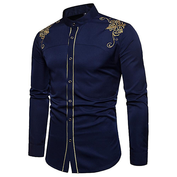 Herre Broderet Langærmet Slim Fit Button Down Casual Party Skjorte Navy Blue S