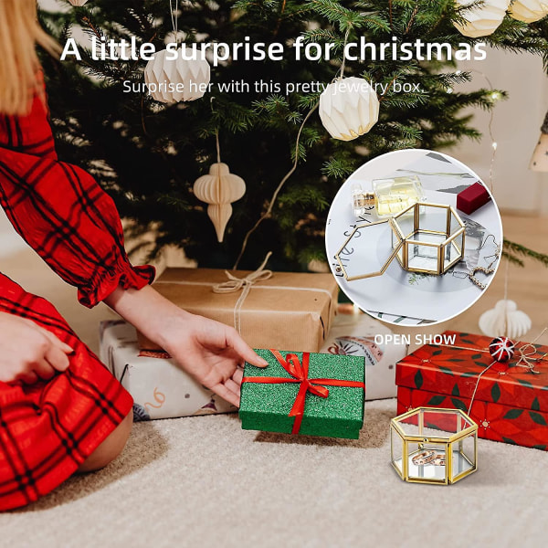 Liten glas smyckeskrin gyllene geometrisk dekorativ låda ring örhänge display hexagon minnessak låda för bröllop födelsedagspresent