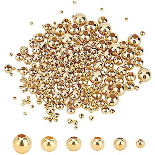 270 st 6 Storlekar Gyllene Rostfria Stål Pärlor 2-8mm i Diameter Glatta Runda Pärlor 0,8-3mm Stort Hål Metallpärlor