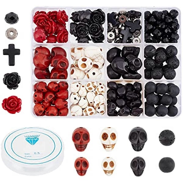 203 st Skull Pärlor Set Naturliga Lavasten Syntetisk Turkos Kors Pärlor Blomma Ros Pärlor och Tibetansk Stil Pärlor för Smyckestillverkning Armband