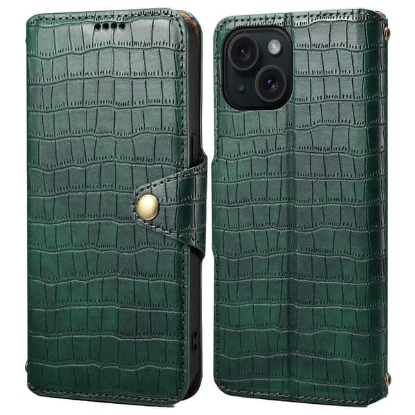 För iPhone 15 Läderfodral Krokodiltextur Plånbok Fullt Skydd Telefonfodral
