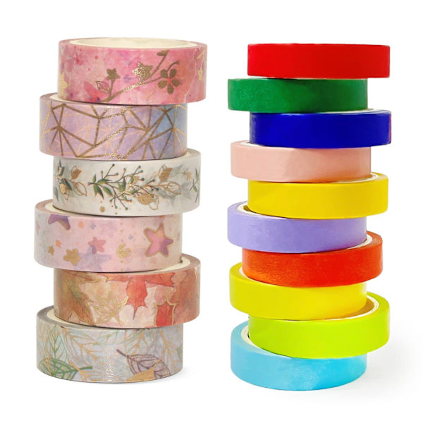 16 Rullar Washi Tejp Set, Blommor och Regnbåge Dekorativ Maskeringstejp för DIY, Bullet Journal, Presentinslagning