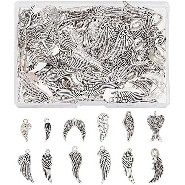 120 st 12 Stilar Legering Ängelvingar Berlocker Antik Silver Ving Ihåliga Hängsmycken Tibetansk Stil Legering Fjäder Berlocker för DIY Armband Halsband Smycken Tillverkning