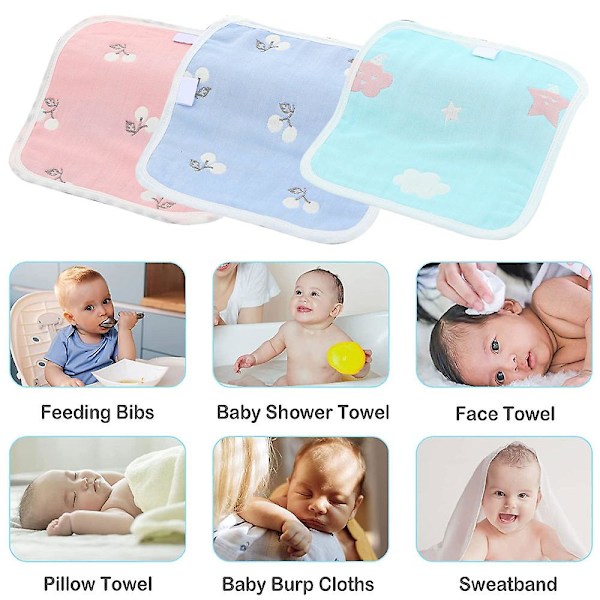 6-delt Baby Savleklud, 6-lags Baby Håndklæde, Gaze Firkantet Håndklæde Vaskeklud, Dobbeltsidet Mønster Set4