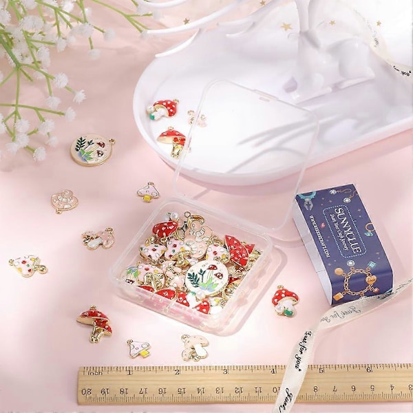 1 Æske 48 stk. 8 Stilarter Svampe Charms Svampe Charm Bulk Pink Rød Svampe Emalje Charm Fe Charm Plante Forårs Charm