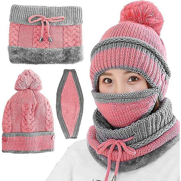 Halssæt til kvinder, pink strikkede vinter pompon huer halstørklæder med maske, tykt termisk pige dame hue halsvarmer sæt til jule fødselsdagsgaver