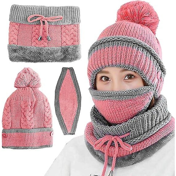 Skjerfsett for kvinner, rosa strikkede vinterluer med dusk, tykke termiske jenter dame lue halsvarmer sett for julebursdagsgaver