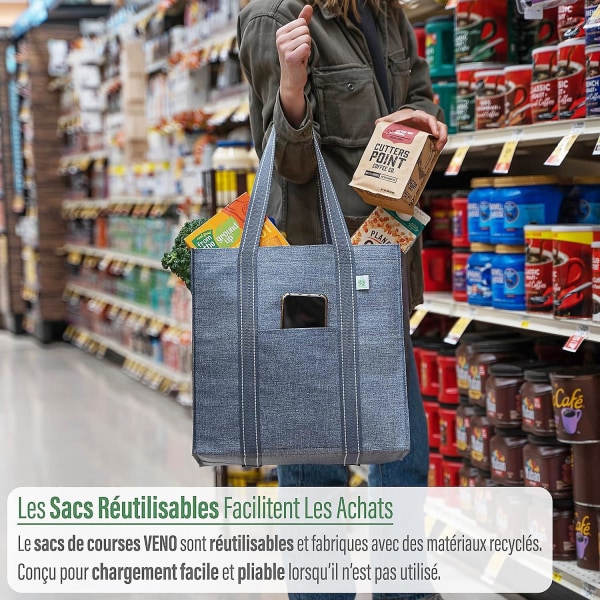 Sett med 4 grå gjenbrukbare handleposer og vesker, forsterket bunn, frontlomme, multifunksjonell tote bag, handlevognpose, stående handlepose, vanntett