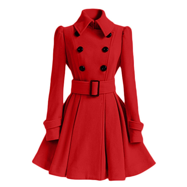 Dam vinterrockar dubbelknäppt elegant vintage mode filt trenchcoat S Red