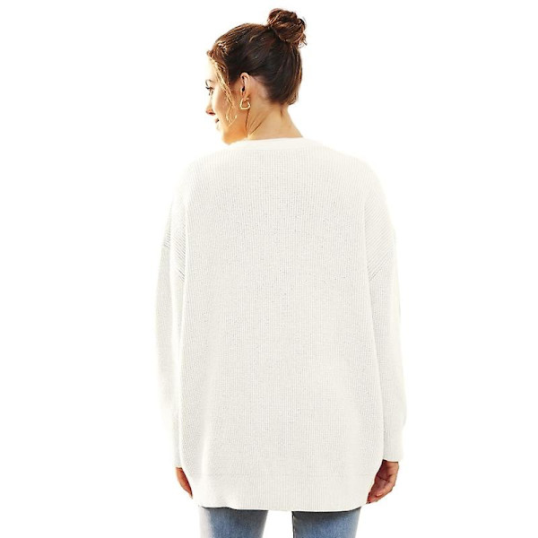 Koftor för kvinnor, stickad tröja med V-ringning, lös stickad ytterkläder White XL