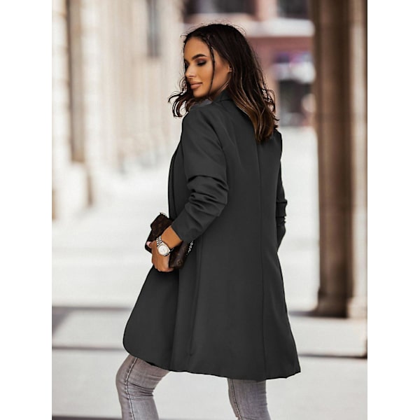 Høst og vinter ny mote langærmet revers ensfarget dress lang frakk black XL