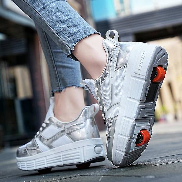 Pojkar Flickor Sneakers Dubbelhjuliga Skor Led Ljus Skor 3F908 Silver EU 38