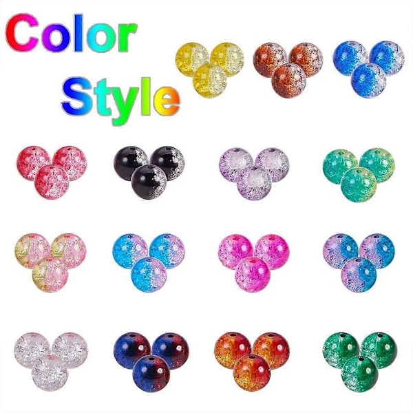 195 stk. 15 Farver 10mm Krakelerede Perler Runde Spraymalede Glasperler Sortiment med 0,8mm Krystal Elastisk Tråd til Armbånd Halskæde Øre