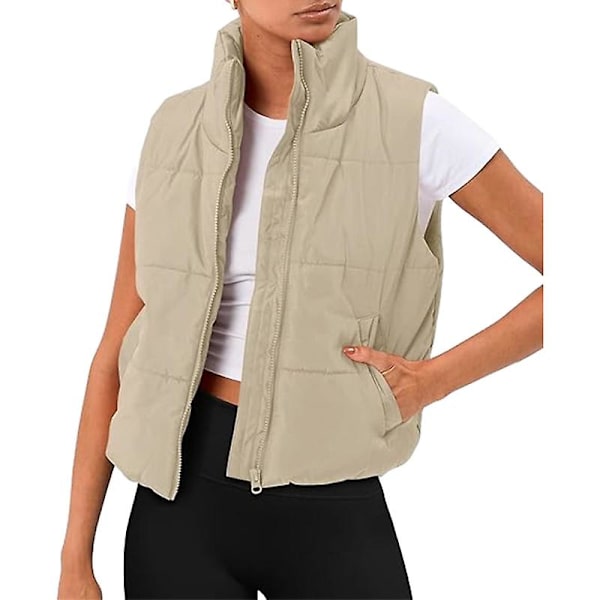 Puffer väst dam ärmlös vinter beskuren ståkrage dun ytterkläder Light khaki L
