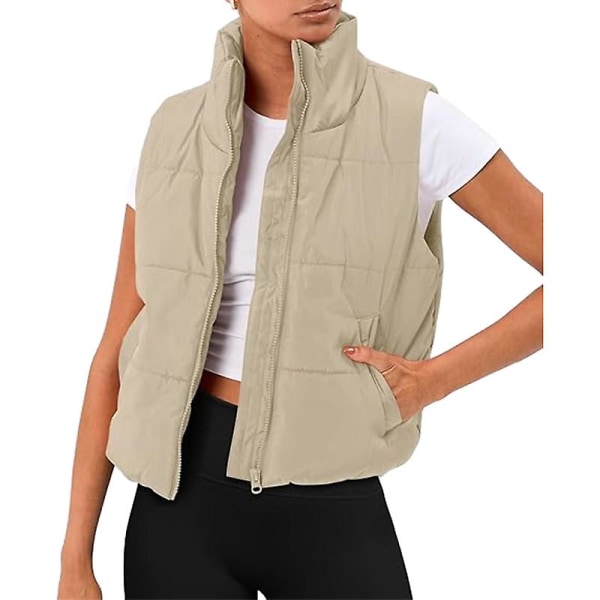 Puffer väst dam ärmlös vinter beskuren ståkrage dun ytterkläder Light khaki M