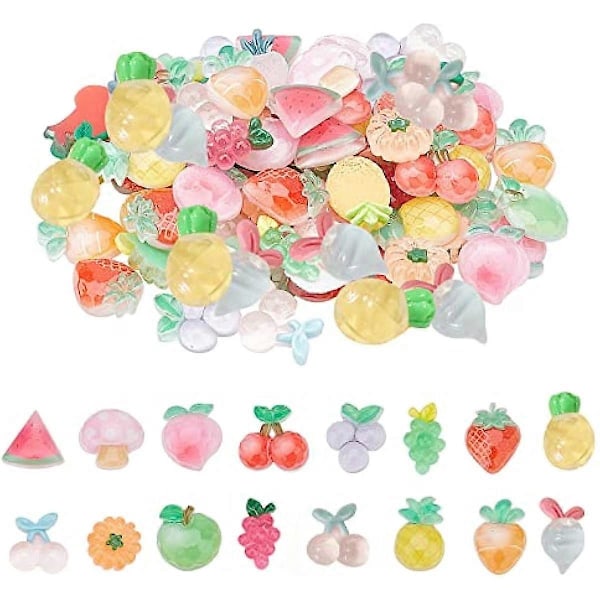 96 st 16 Stilar Frukter Resin Cabochons Transparent Frukt Flatback Pärlknapp Imitation Mat Skivor för DIY Scrapbooking Utsmyckningar Telefonskal Hår