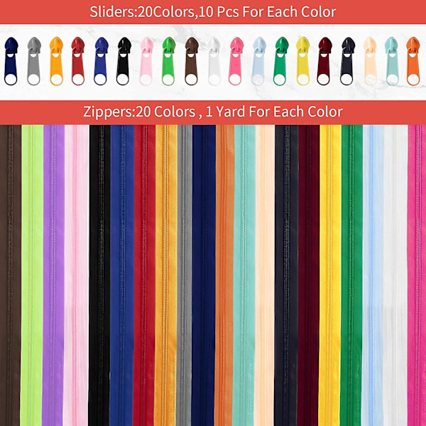 60 Yards 20 Stykker Syglidelåser #5 Nylon Spiralglidelåser Assortert Glidelås For Sying Med 200 Glidelåsdragere For Diy Skredder Syhåndverk Forsyninger, 20 C