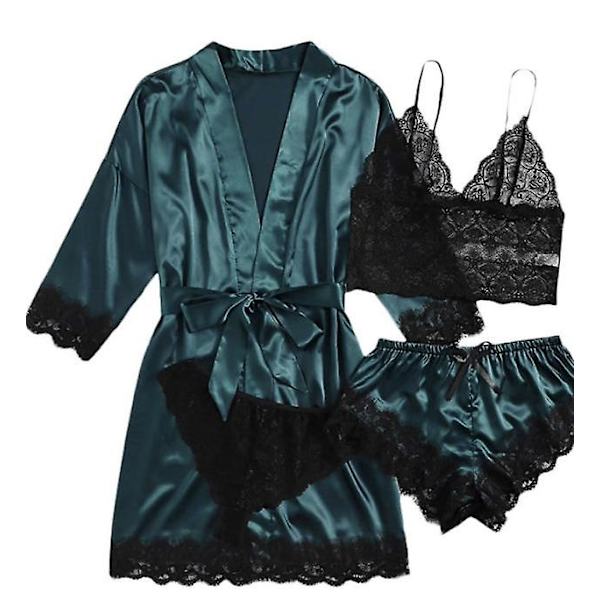 Naisten 4-osainen satiinipyjamasetti kylpytakilla Dark Green 2XL