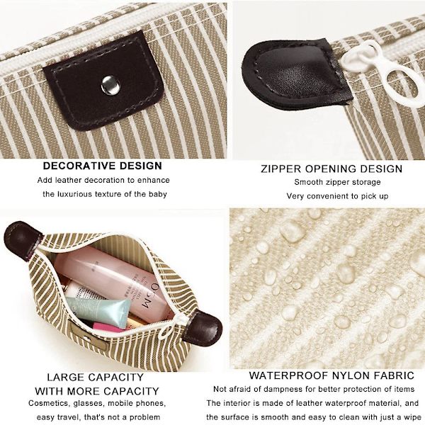 Nylon Vandtæt Opbevaringspose til Hudplejeprodukter Simpel Rejse Vaskestribe Jiaozi Kosmetiktaske beige