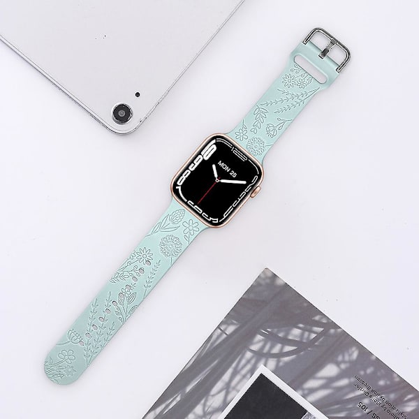 1 Pack Blomgraverad Sportrem Kompatibel Med Apple Watch Armband 38mm 40mm 41mm, Kvinnors Blommig Laser Mjuk Silikon Armband Ersättning Iwatch green 38mm 40mm 41mm