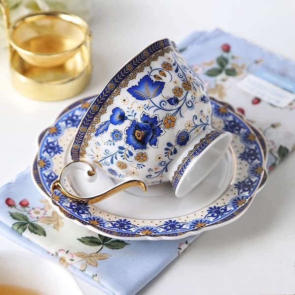Blå Blommönster Fin Bone China Kaffekopp, Porslinskopp Och Fat Set, 200ml