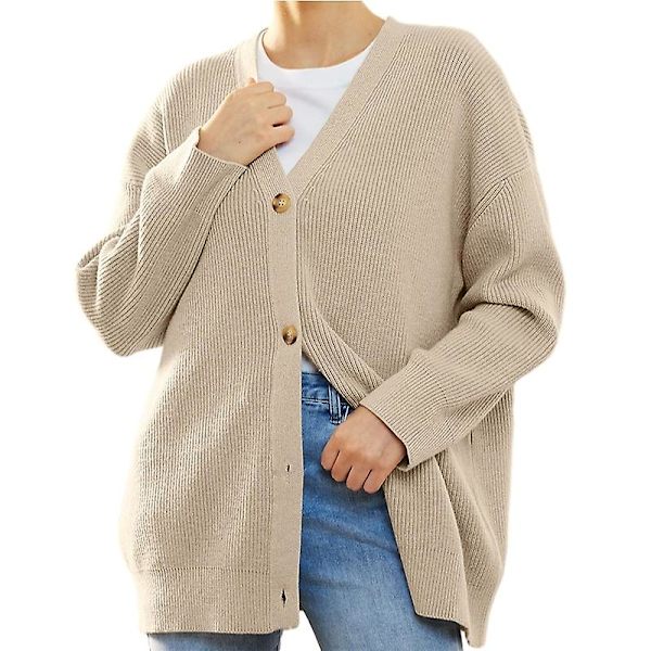 Naisten Neuletakki, V-Kaula Loose Neule Ulkovaatteet Khaki XL
