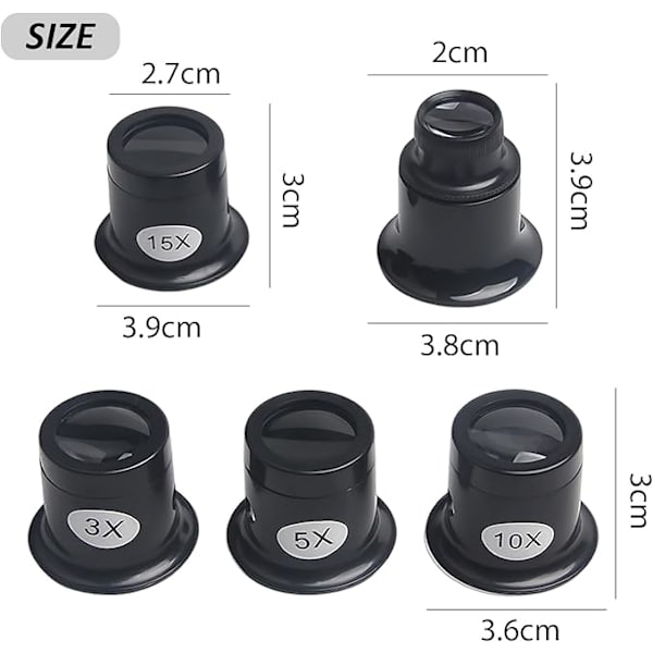 5 stycken juvelerarluppar, förstoringsglas av aluminiumlegering, luppset, 3X, 5X, 10X, 15X, 20X, lämplig för smyckesreparation