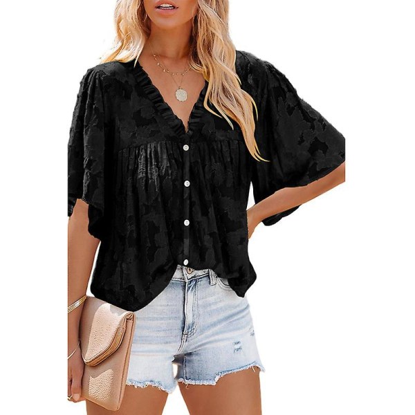 Kvinners V-hals Chiffon Trykte V-hals Avslappede Bluse Skjorte Topper Black 3XL