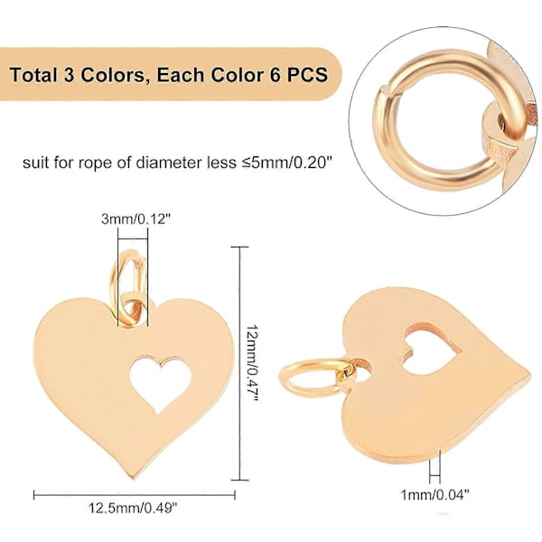 18 stk. 3 farger Hjerte med Hjerte-charm Kjærlighetssmykke Rustfritt Stål-charm Hypoallergenisk Metall-charm Glatt Flatt Smykke for DIY Smykkefunn Laging