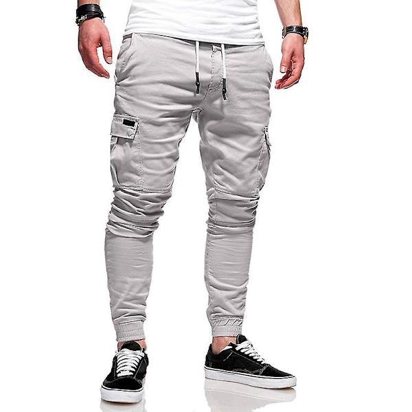 Mænds Cargobukser med Lommeflap, Snørelukning og Elastisk Talje Light Grey M