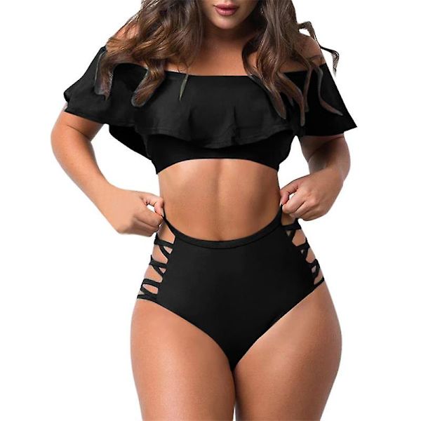 Naisten röyhelöinen olkapäät paljastava seksikäs uimapuku, kaksiosainen bikini Black L