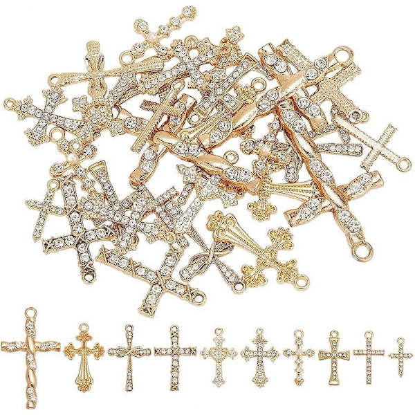 30 stk. Rhinestone Kors Charms 10 Stilarter Micro Pave Krucifiks Charms Konnektor med Imitation Perle & Hjerte & Sløjfe Dingle Vedhæng til Halskæde Armbånd
