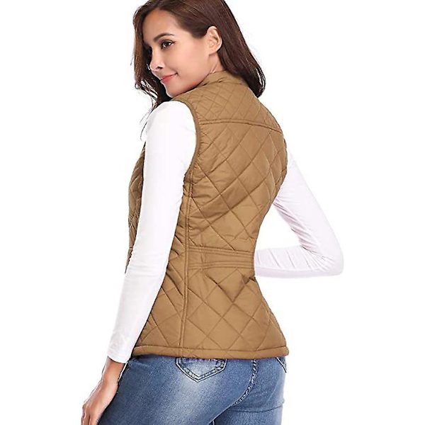 Kvinnors Quiltade Dragkedja Väst, Ärmlös Jacka Väst Khaki XL