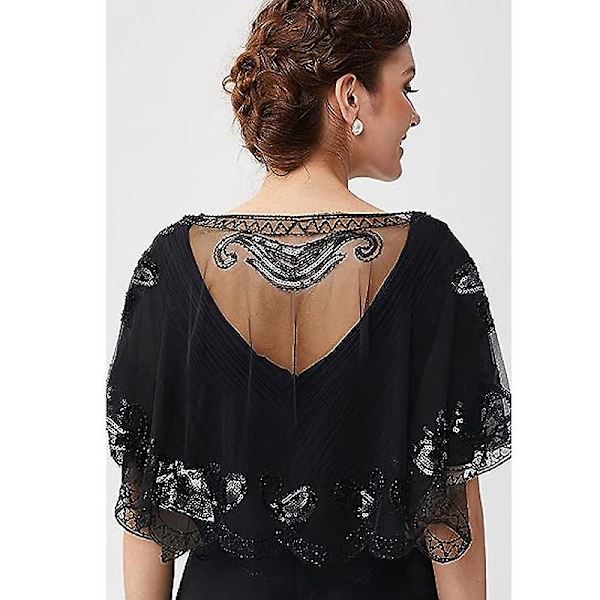 1920-talets Sjal Wraps Sequin Pärlbroderad Kväll Cape Brud Sjal BLACK