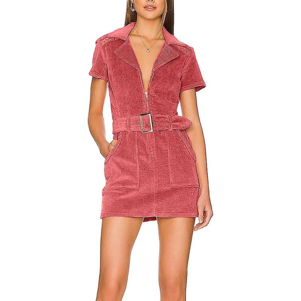 Naisten Minimekko Lyhythihainen Vyöllinen Kaulusmekko Pink L