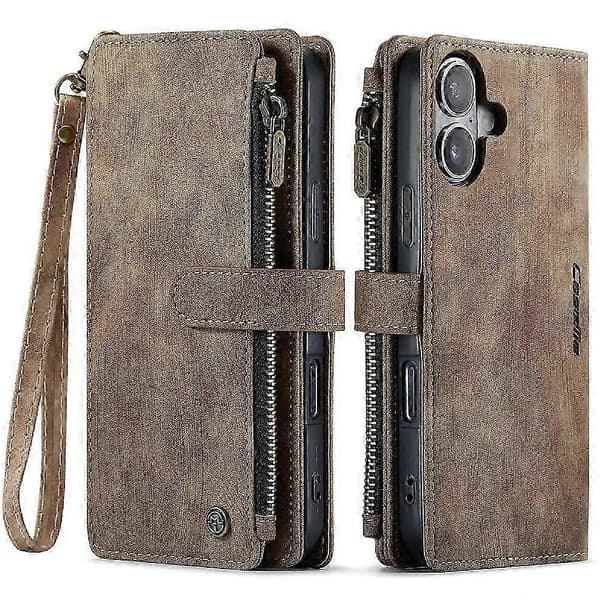 Flip Cover til iPhone 16 Plus med kortholder og rum til kørekort Brown