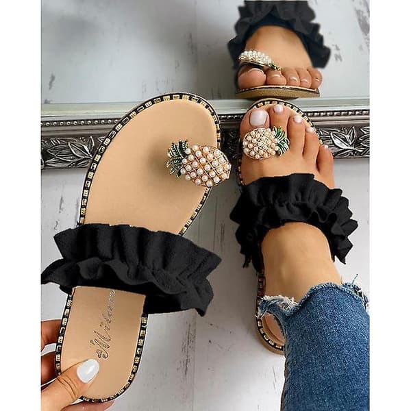 Sandaler til kvinder, flade, afslappede slippers med ringtå, strandsko Black 43