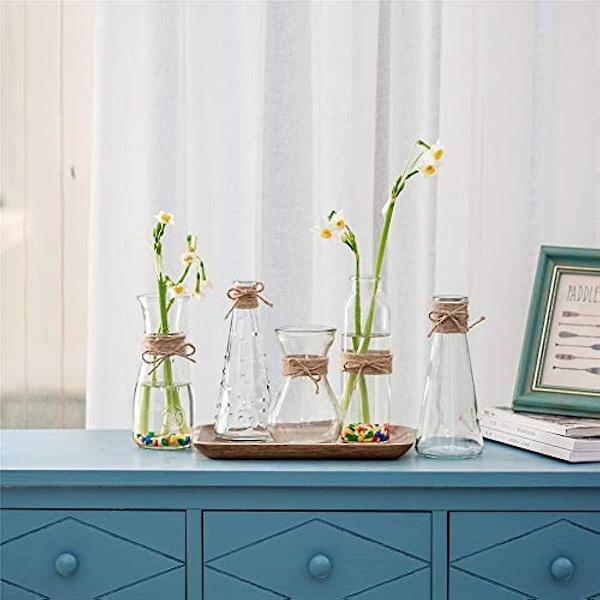 Pakke med 5 klare glasvaser, blomstervaser i glas med rebdesign i forskellige unikke former, blomstervase som midtpunkt til bryllupsreception og brudefest 1 Set Stil B