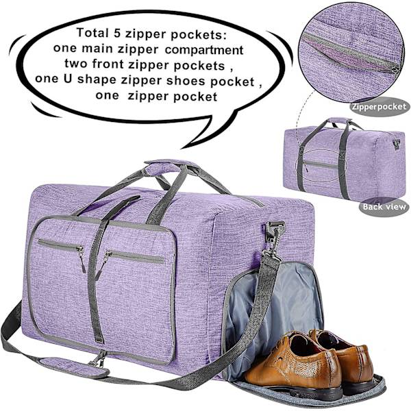 Reise-Dufflebag for menn, 65l sammenleggbar reise-duffelbag med sko-rom nattpose for menn kvinner vanntett og rivebestandig Violet