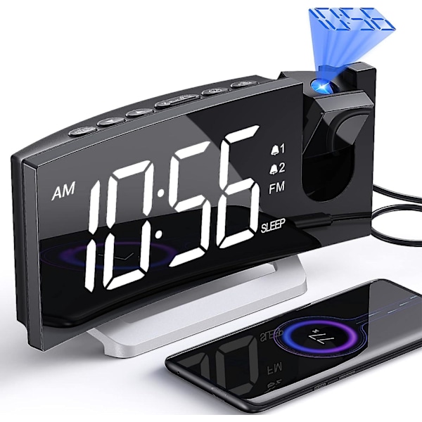 Väckarklockor för Sovrum, Multifunktionell Klocka med FM-Radio & Projektion, 0-100% Dimmer & Radio Volym, Böjd Skärm, Dubbla Alarm, USB-Laddare, Cr White