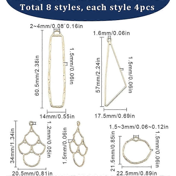 1 Ask 32 st 8 Stilar Hålram Charm Öppna Bezel Charm Legering Guld Geometriska Bak Sättningar Trianglar Kvadrat Runda Oval Charm Bulk för Smyckestillverkning