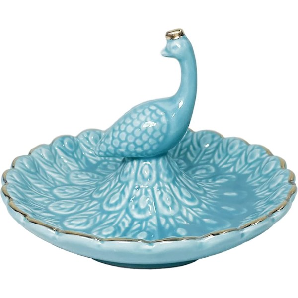 Ringholder, Keramisk Påfugl Smykketallerken Organizer (blå)